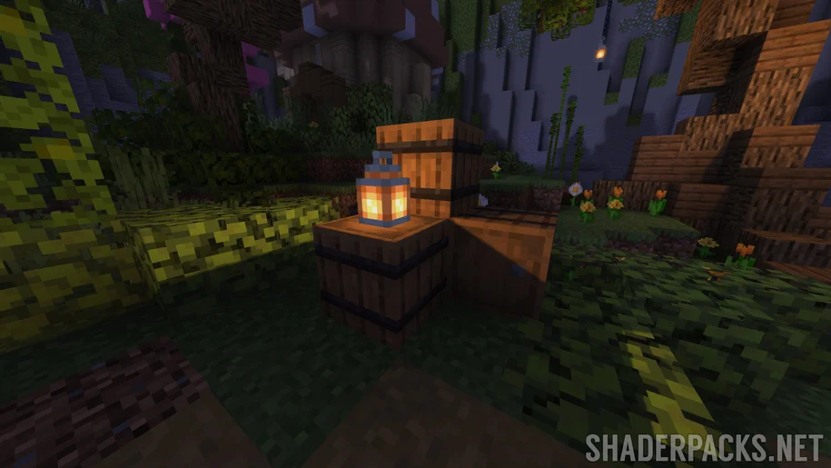Lanterne Minecraft au-dessus d'un baril avec lumière tracée par rayons de Shrimple Shaders