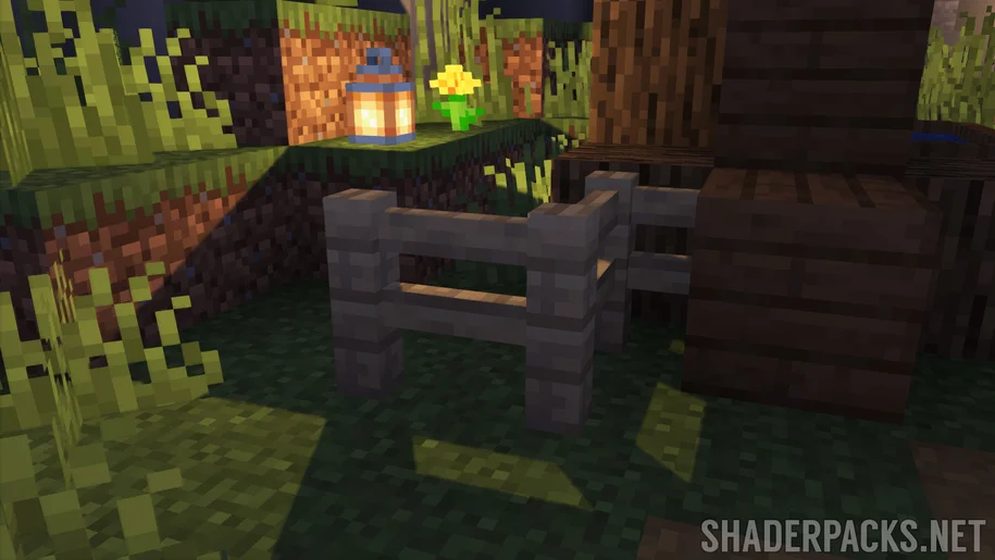 Shrimple Shaders' ray traced lighting from a Minecraft lantern, shining through fences
