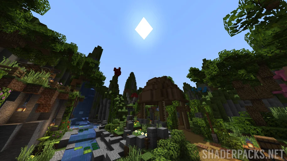 Shrimple Shaders over a park in Minecraft with the sun out