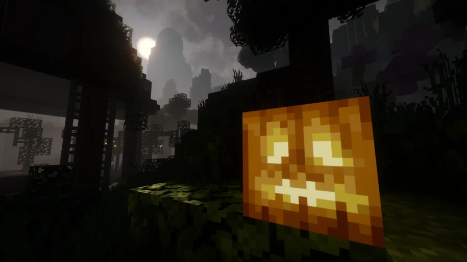 Daytime in Minecraft with Spooklementary Shaders with a Jack O Lantern in the foreground